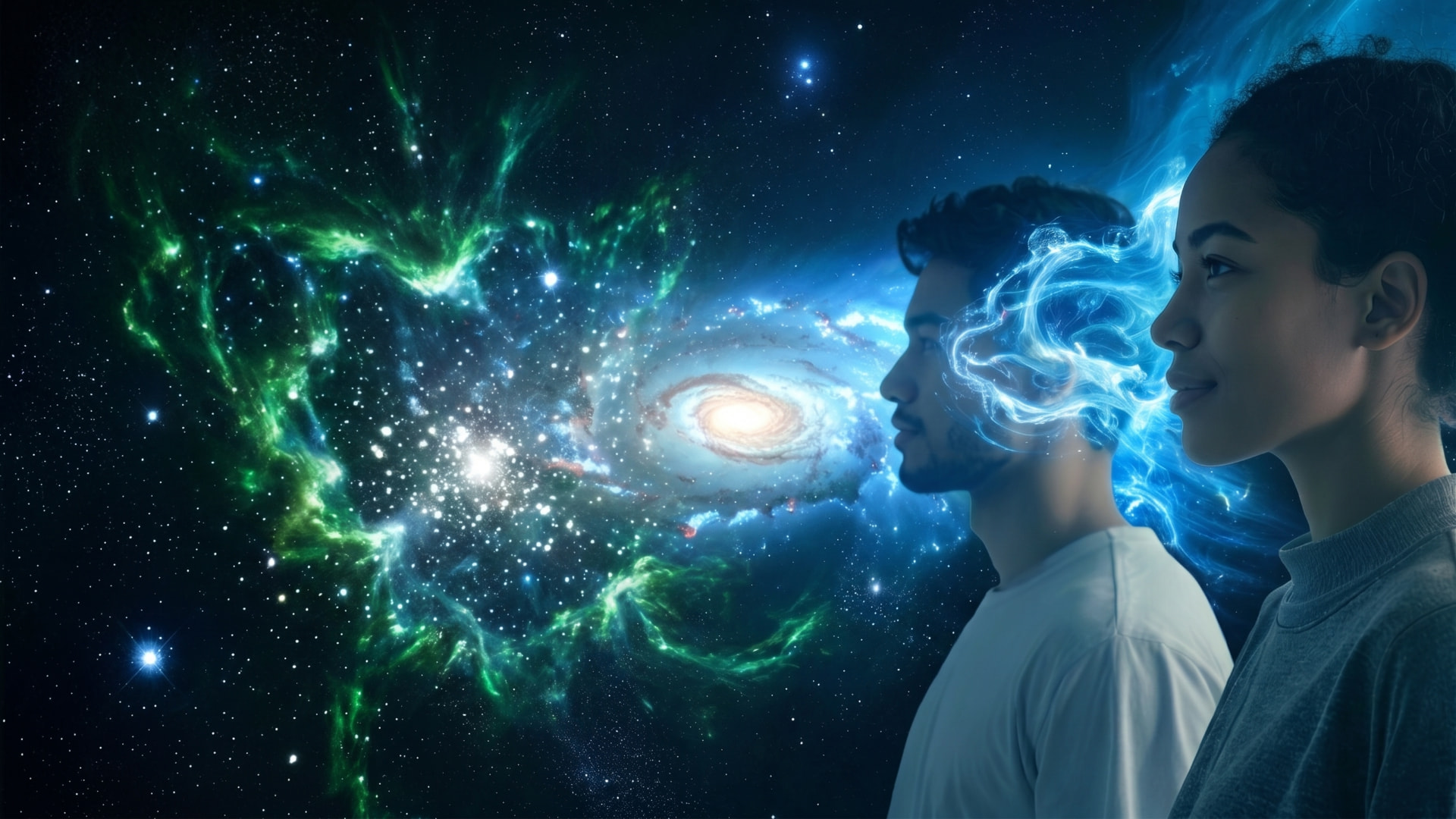 Dos personas de perfil ante una galaxia estrellada, con energía luminosa fluyendo a su alrededor