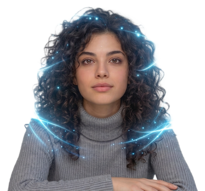 A young woman with dark curly hair and arms crossed, looking calmly at the camera, surrounded by rings of blue light.