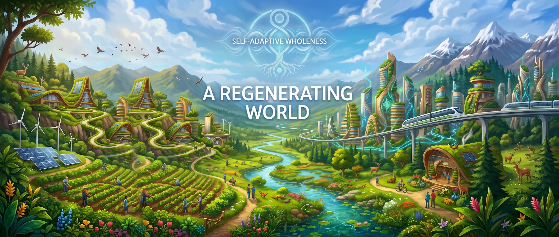 Un valle regenerativo solarpunk que integra arquitectura verde, energía renovable y naturaleza vibrante bajo un cielo luminoso