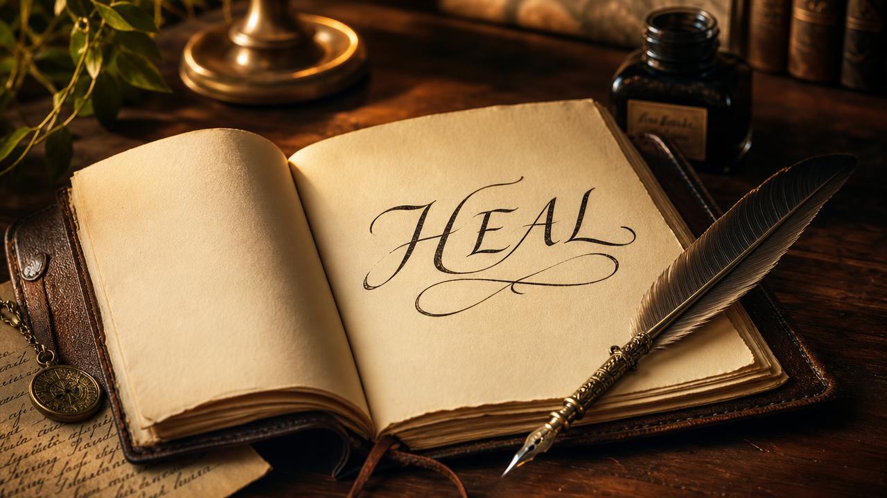 Un cuaderno abierto con la palabra HEAL escrita a tinta y una pluma de ave apoyada al lado
